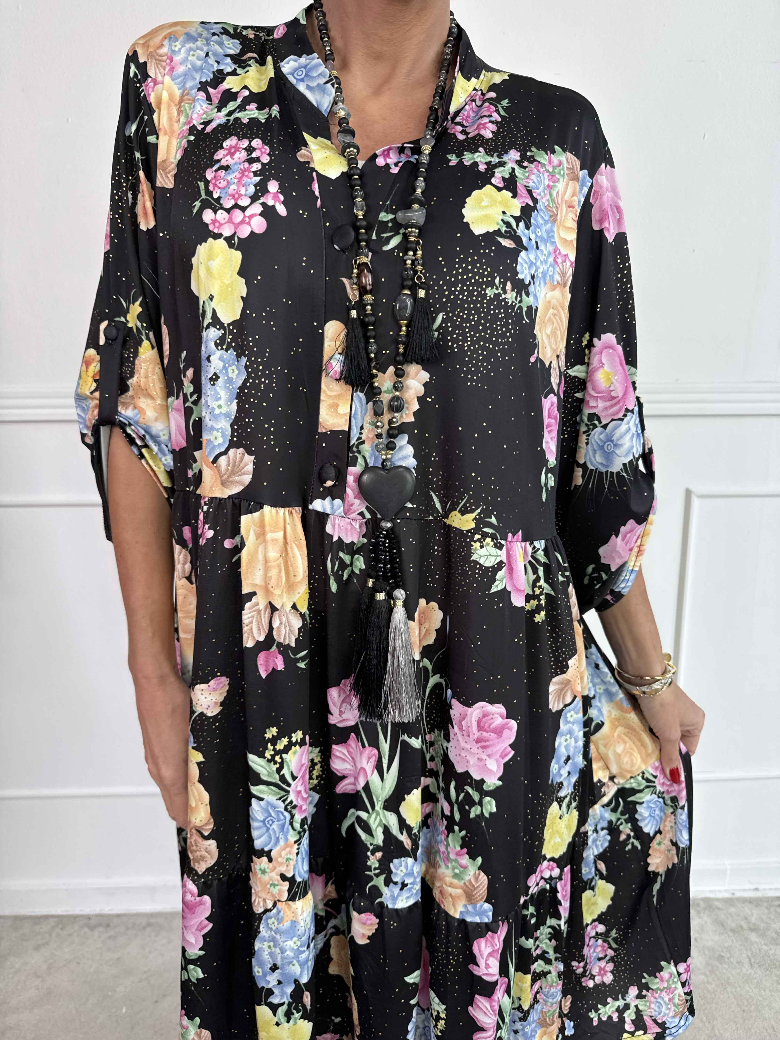 Milano Bouquet Midi - Elastisk kjole med smukt blomsterprint og diskret guldglimmer